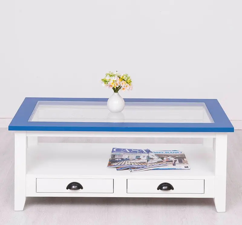 Glas-Couchtisch aus Massivholz mit zwei Schubladen