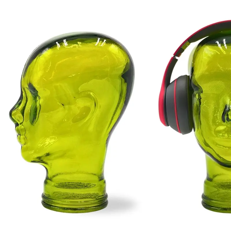 Glas KOPFHÖRERSTÄNDER transparent + satin | 29cm Glaskopf Skulptur | Farbe
