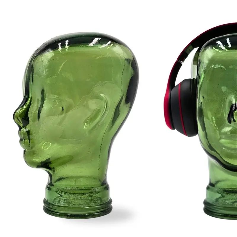 Glas KOPFHÖRERSTÄNDER transparent + satin | 29cm Glaskopf Skulptur | Farbe