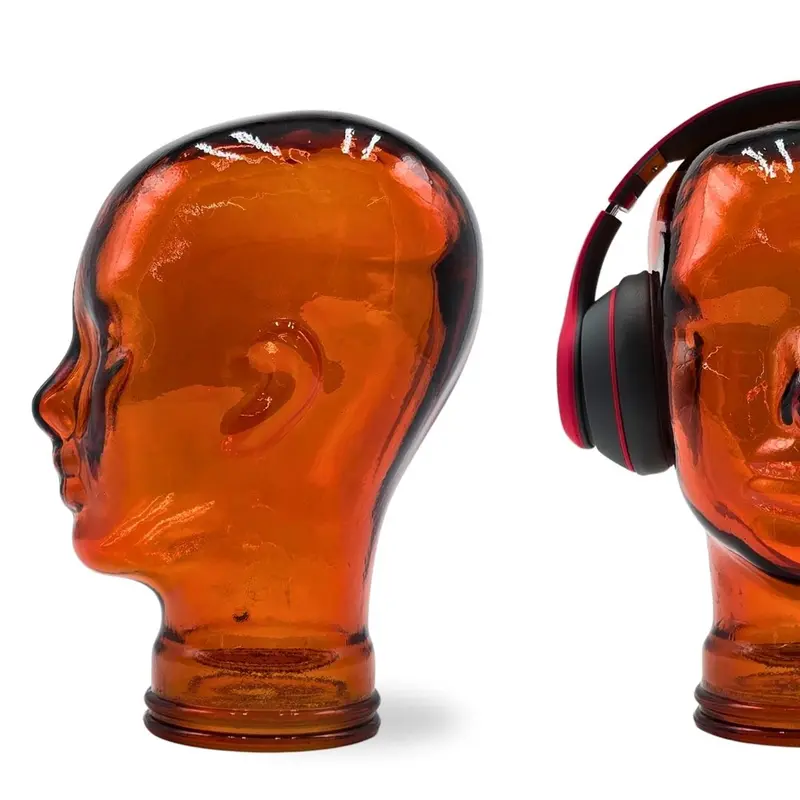 Glas KOPFHÖRERSTÄNDER transparent + satin | 29cm Glaskopf Skulptur | Farbe