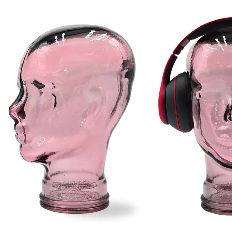 Glas KOPFHÖRERSTÄNDER transparent + satin | 29cm Glaskopf Skulptur | Farbe