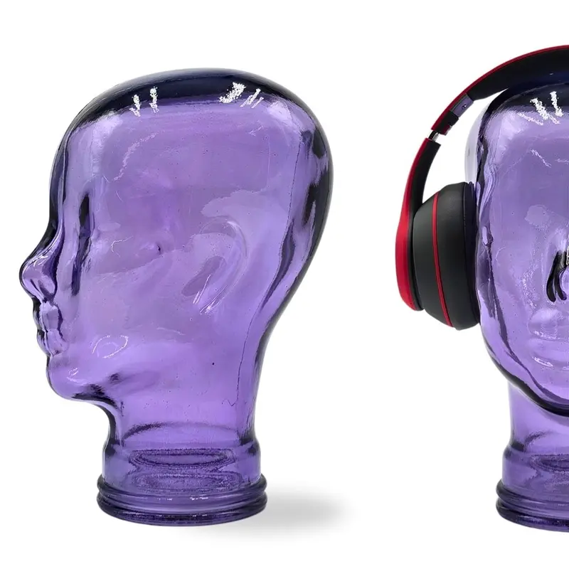 Glas KOPFHÖRERSTÄNDER transparent + satin | 29cm Glaskopf Skulptur | Farbe