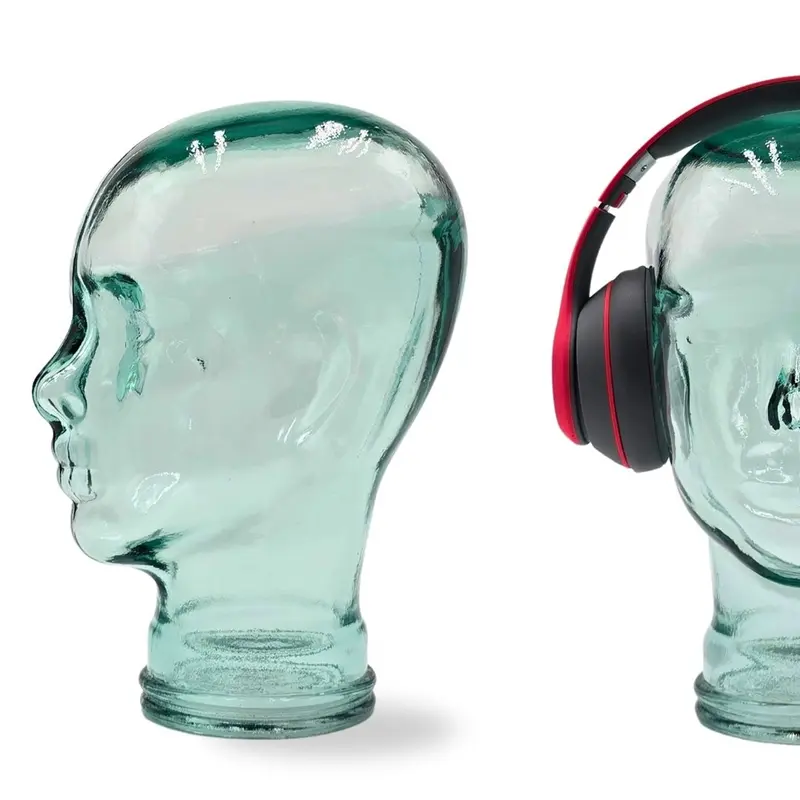 Glas KOPFHÖRERSTÄNDER transparent + satin | 29cm Glaskopf Skulptur | Farbe