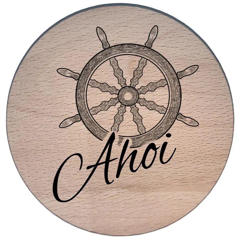 Glasdeckel mit Gravur "Ahoi" aus Buchenholz
