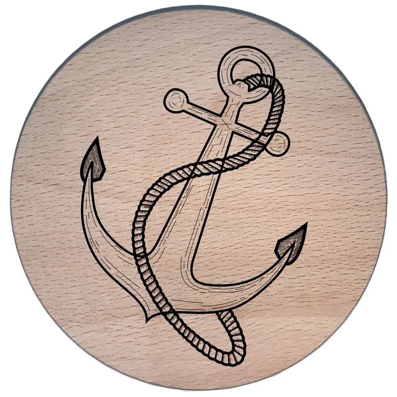 Glasdeckel mit Gravur "Anker" aus Buchenholz