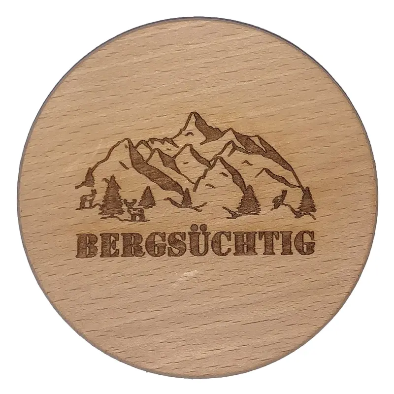 Glasdeckel mit Gravur "Bergsüchtig" aus Buchenholz