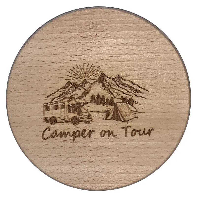 Glasdeckel mit Gravur "Camper on Tour" aus Buchenholz