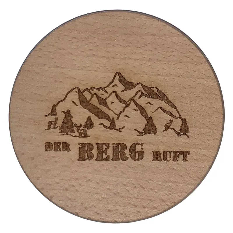 Glasdeckel mit Gravur "Der Berg ruft" aus Buchenholz