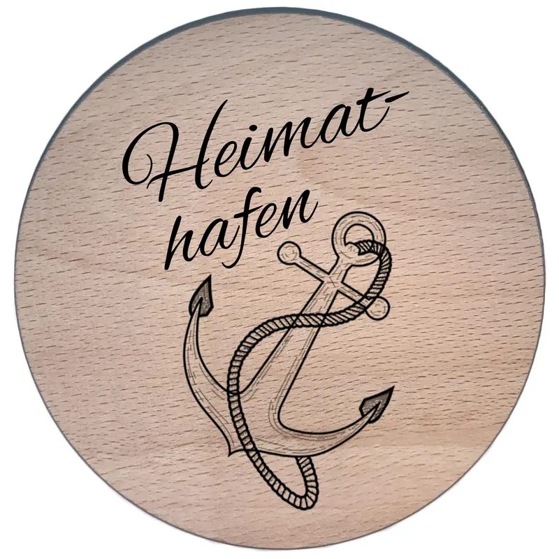 Glasdeckel mit Gravur "Heimathafen" aus Buchenholz