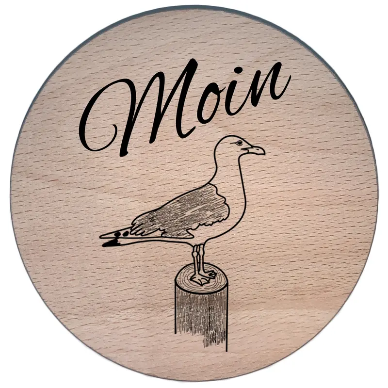 Glasdeckel mit Gravur "Moin" aus Buchenholz