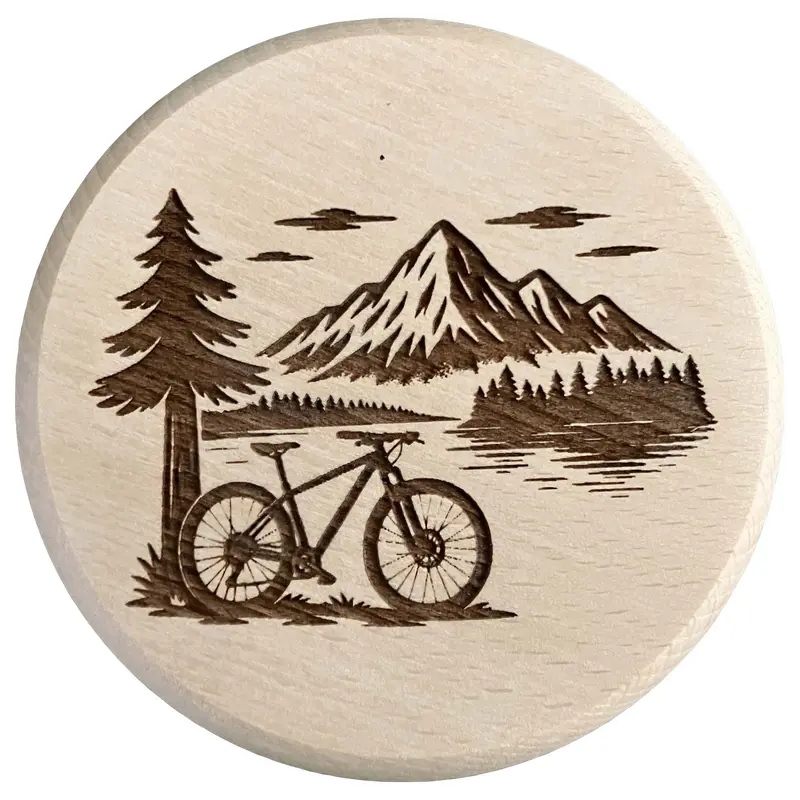 Glasdeckel mit Gravur "Mountainbike" aus Buchenholz