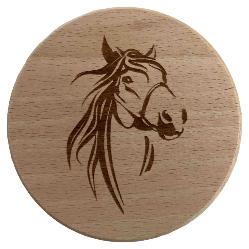 Glasdeckel mit Gravur "Pferd" aus Buchenholz