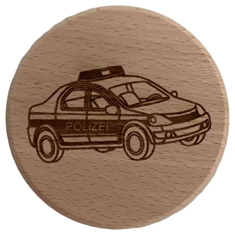 Glasdeckel mit Gravur "Polizeiauto" aus Buchenholz