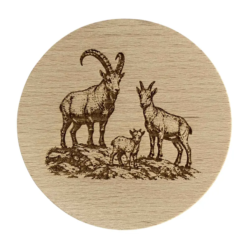 Glasdeckel mit Gravur "Steinbockgruppe" aus Buchenholz
