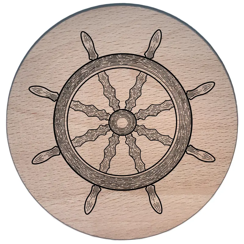 Glasdeckel mit Gravur "Steuerrad" aus Buchenholz