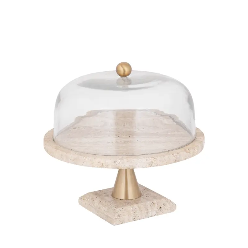Glasglocke - Glas, Travertin-Marmor-Sockel, Metallgriff, runde Form, Gold, L – Lyron | PTMD