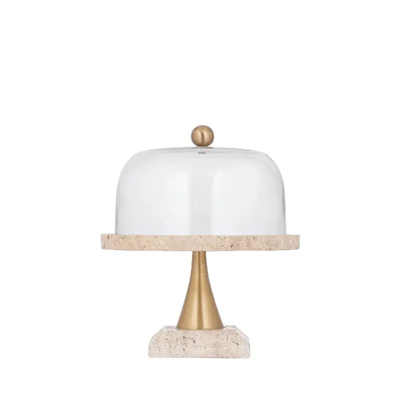 Glasglocke - Glas, Travertin-Marmor-Sockel, Metallgriff, runde Form, Gold, S – Lyron | PTMD