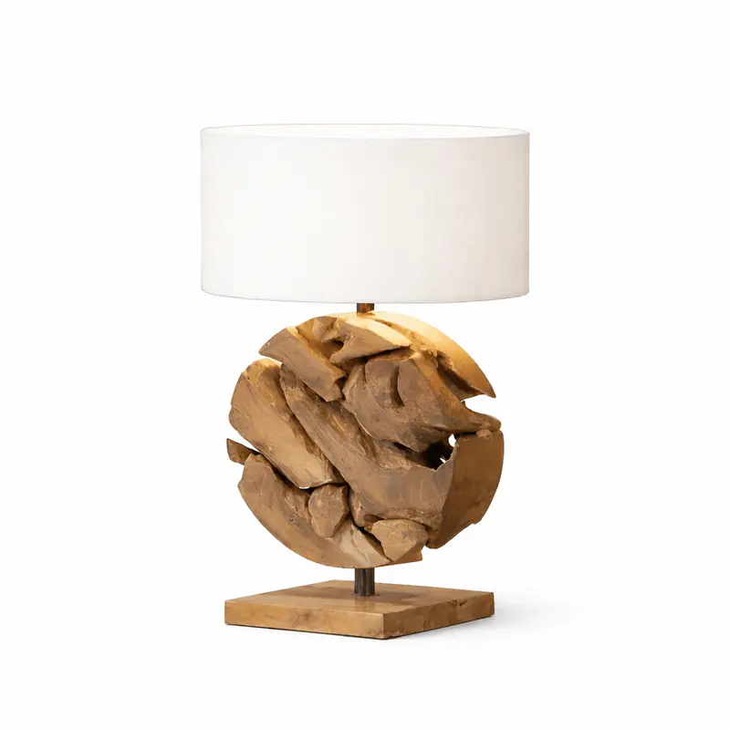 GLOBE Wurzelholz Tischlampe – Teakholz Lampe mit weißem Leinenschirm