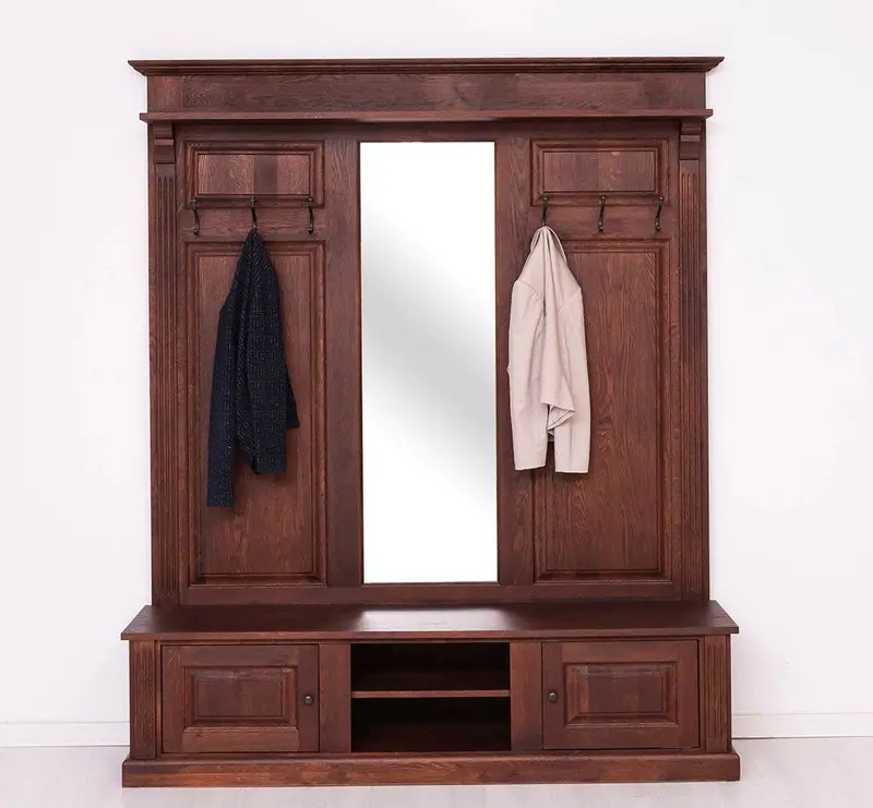 Große Garderobe aus massiver Eiche mit Kleiderhaken, Spiegel, Hutablage und Bank