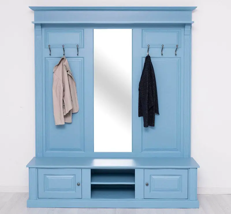 Große Garderobe aus Massivholz mit Kleiderhaken, Spiegel, Hutablage und Bank- uni