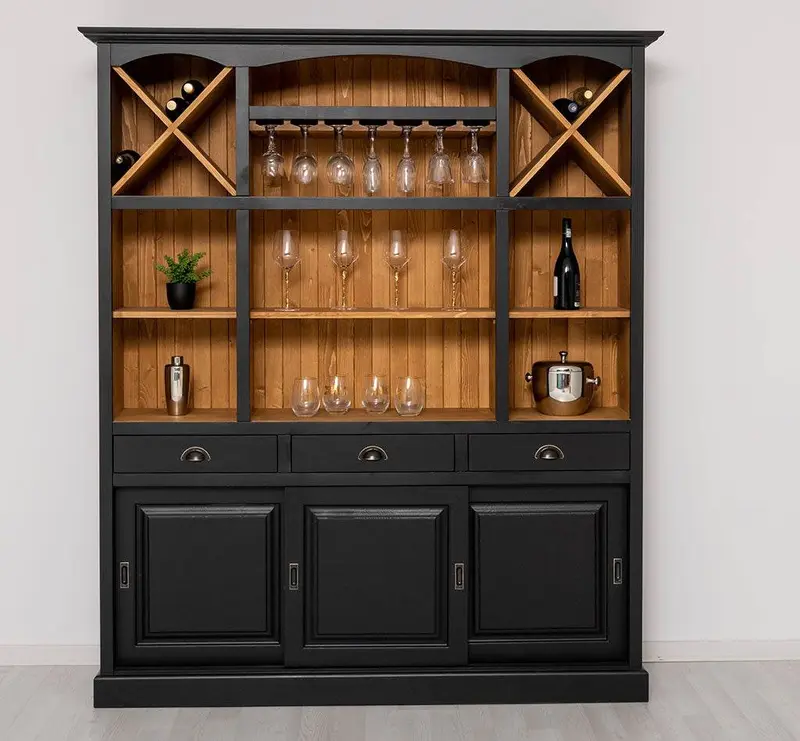 Großer Buffet- und Weinschrank aus Massivholz | Wohnzimmerschrank mit Glashalter und Flaschenablagen