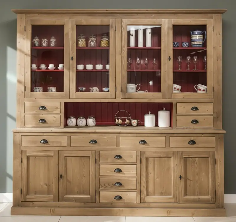 Großer Geschirrschrank aus Massivholz | Vitrine | 2-teilig | 8 Türen | 12 Schubladen
