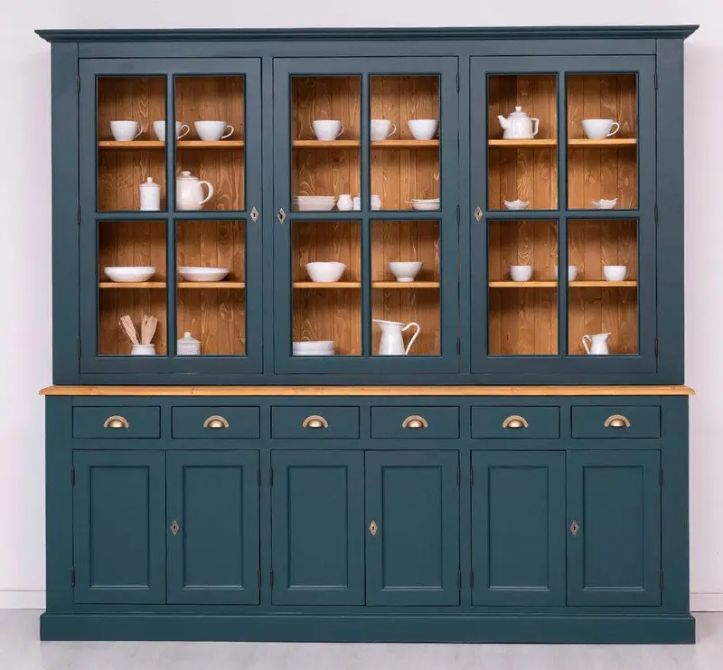 Großer Geschirrschrank aus Massivholz | Vitrine | 2-teilig | 9 Türen | 6 Schubladen