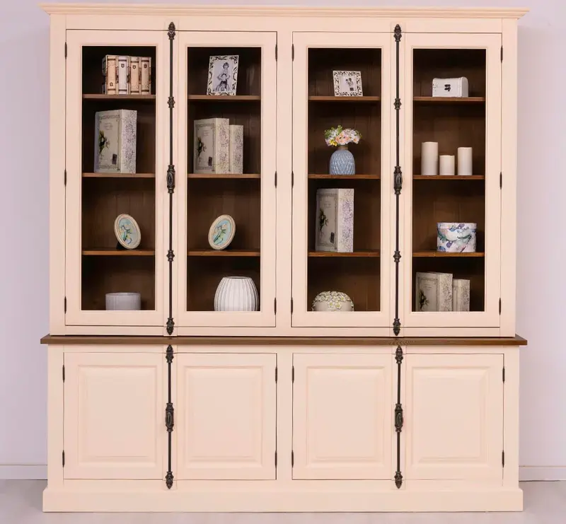 Großer Wohnzimmer Schrank aus Massivholz | Geschirrschrank | Vitrine | Bücherschrank 2-teilig mit externem Verschlusssystem