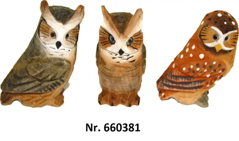 Handgeschnitzte Eule aus Holz im 3er Set ca. 4x7 cm bemalt