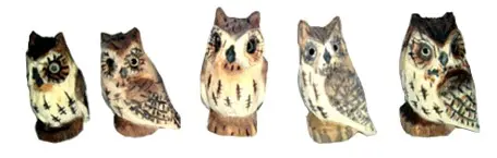 Handgeschnitzte Eulen im 6er Set gemischt aus Holz ca. 4 cm bemalt