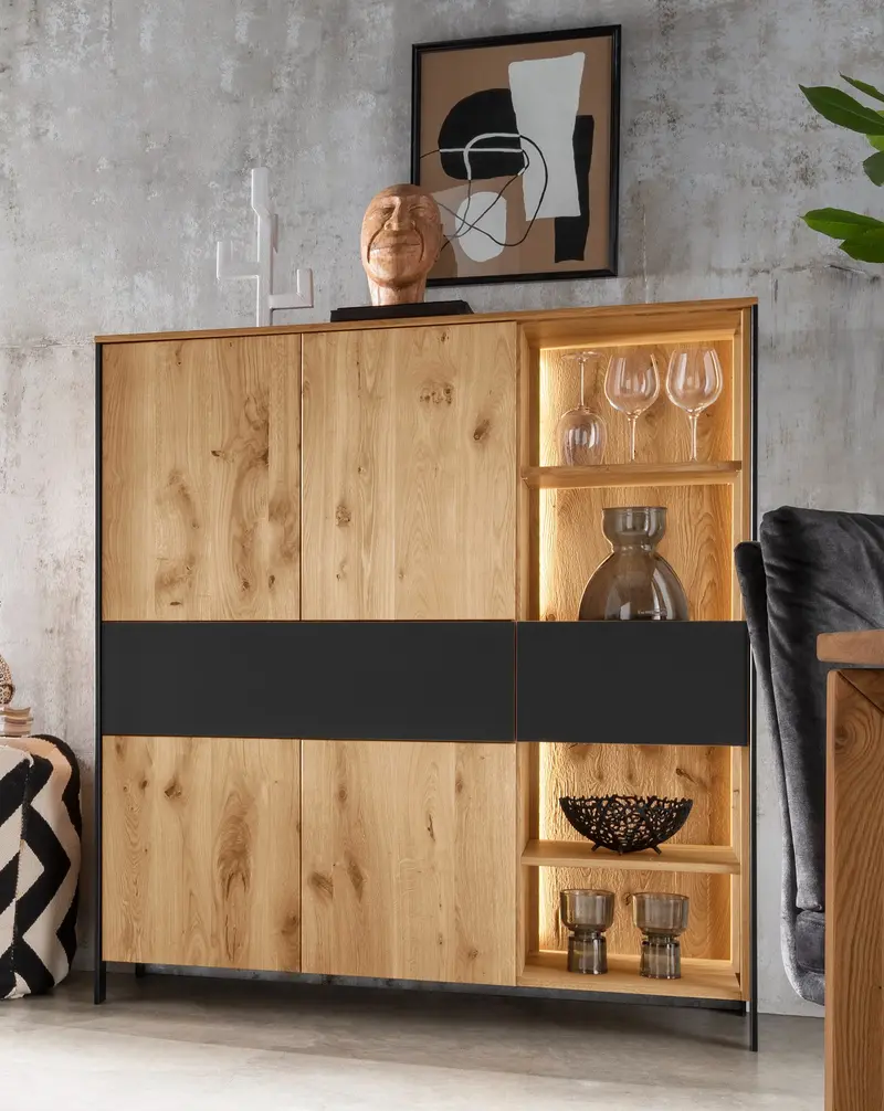 Highboard Boston Eiche/Wildeiche massiv geölt inkl. Beleuchtung B/H/T 128 x 143 x 42 cm