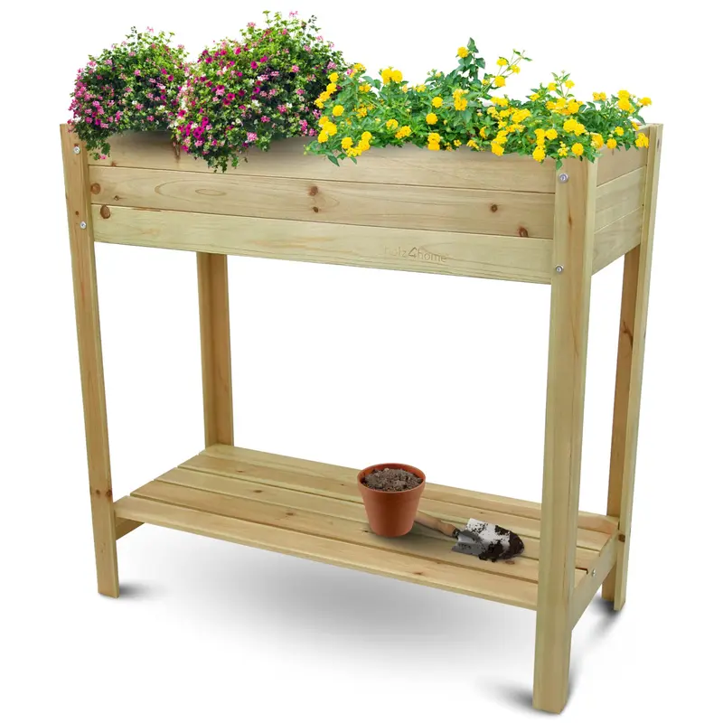 Hochbeet aus Tannenholz inkl. Vlies-Einlegefolie, Hochbeet für Gemüse-, Kräuter- und Blumenanbau, Schutz vor Schnecken und Schädlingen, einfacher Aufbau, integrierte Ablage grauweiß