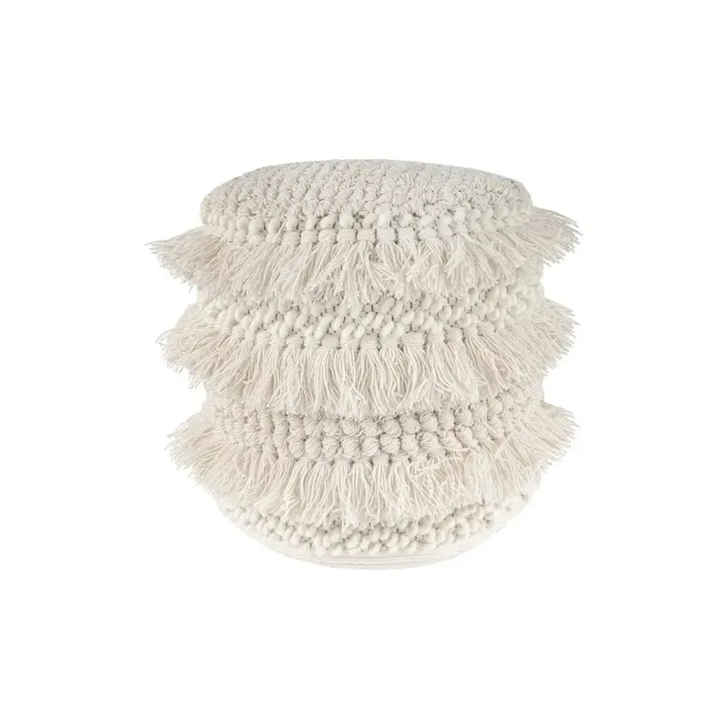 Hocker – Naturwolle Bezug, Fransen Quasten, Weiche Polsterung, 35 cm - Bohist 325 | Kayoom