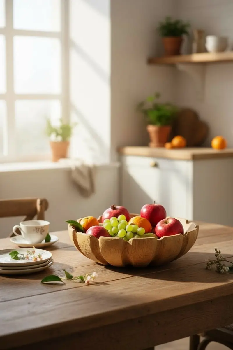 Holzschale rund in Blütenform – handgefertigte Massivholz Schale, dekorative Obstschale & Wohnaccessoire - Ø45 cm