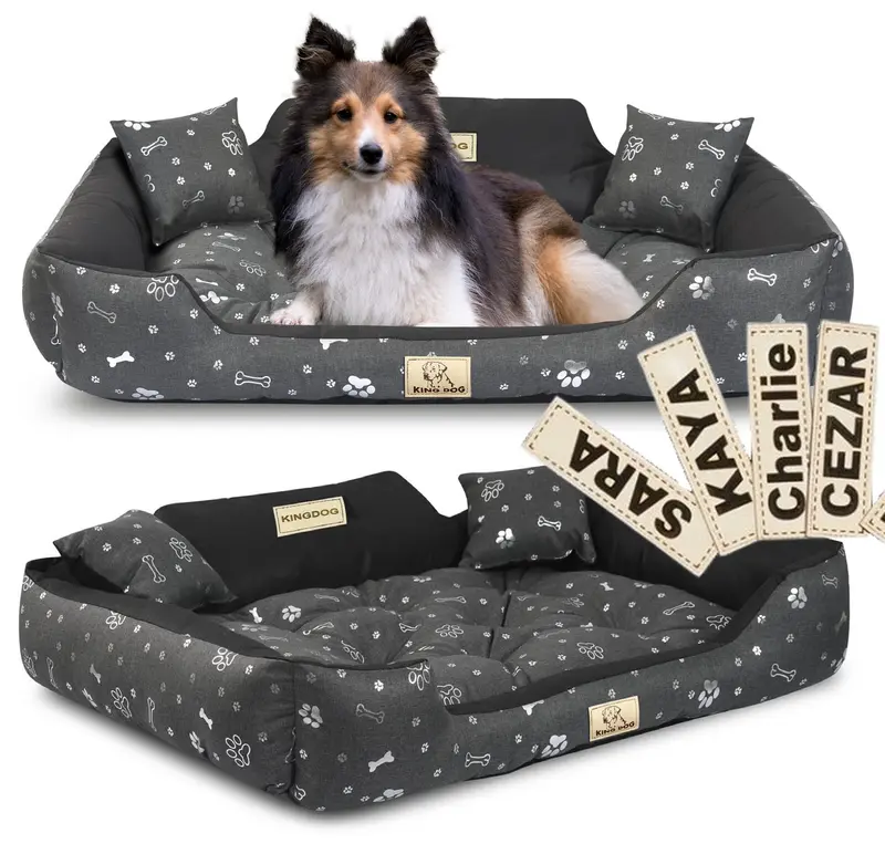 Hundebett mit Rand KINGDOG 100 x 75 cm personalisierbar wasserabweisend kości srebrne