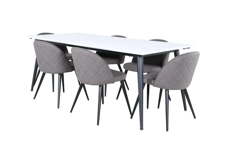 Jimmy rechteckiges 7 teiliges Essgruppen Set mit weißem Tisch 195 x 90 cm und 6 grauen Esszimmerstühlen
