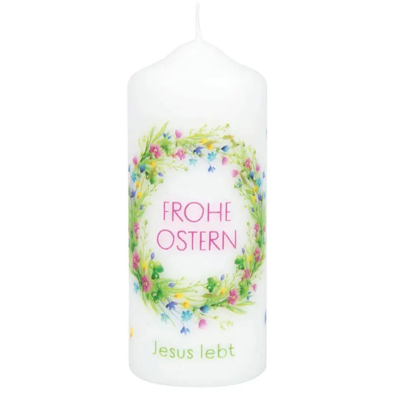 Kerze Frohe Ostern Blütenkranz 12 cm