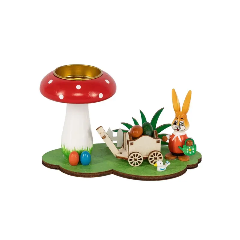 Kerzenhalter für Teelichte "Osterhase mit Handwagen und Fliegenpilz", farbig, 8 cm
