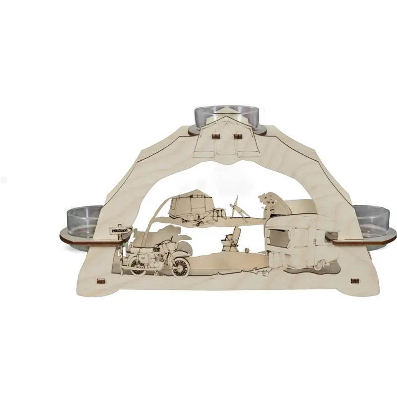 Kerzenhalter "(N)Ostalgie-Camping" für 3 Teelichte, natur, 23 cm