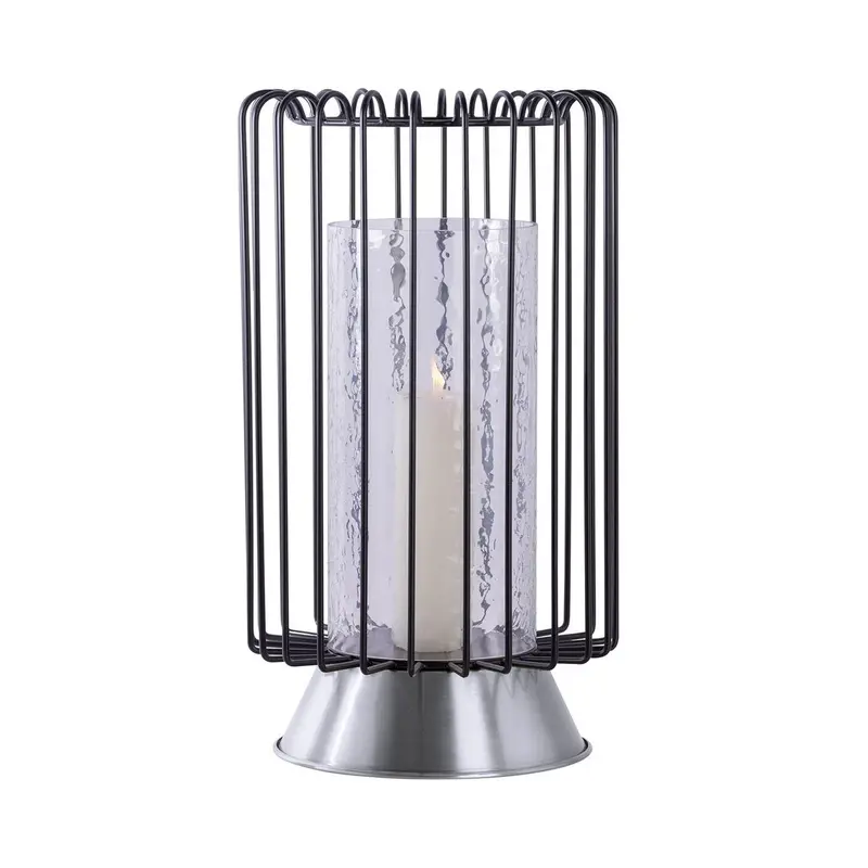 Kerzenständer – Drahtgeflecht Design, Gehämmertes Glas, Schwarz Silber, Höhe 40 cm - Malibu 125 | Kayoom