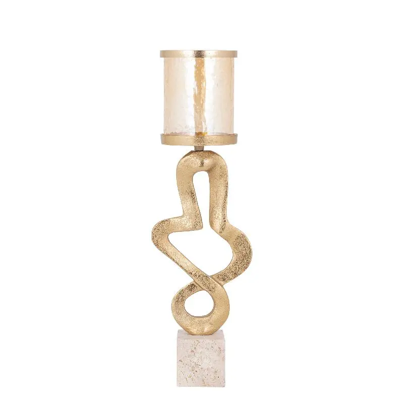 Kerzenständer – Goldfarbenes Aluminiumguss, Travertinstein Sockel, Glaselement, L – Sianaine | PTMD