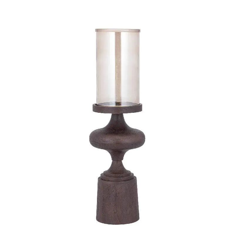 Kerzenständer – Mangoholz Sockel, Glas Zylinder, Braune Farbgebung, L – Wertin | PTMD
