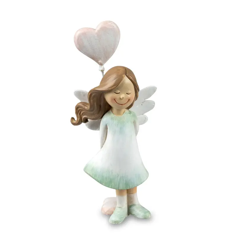Kleine Engel Figur 13cm handbemalt rosa, grün mit Herzballon