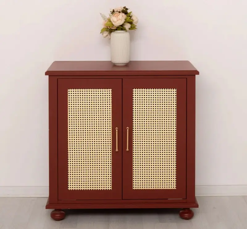 Kleine Kommode aus Massivholz | Rattan Schrank mit zwei Türen