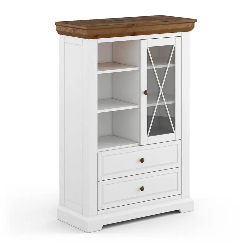 Kleine Vitrine aus Massivholz | Wohnzimmerschrank Marone Elite Tabacco mit zwei Schubladen
