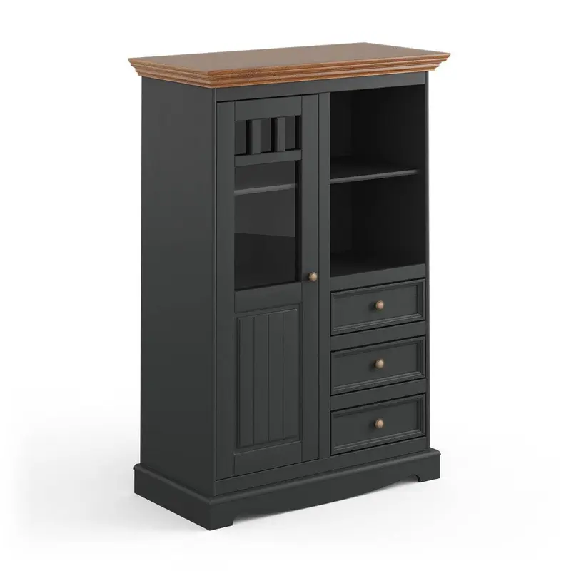 Kleine Vitrinenkommode Belluno Elegante in Graphit | Sideboard mit Schubladen und Tür