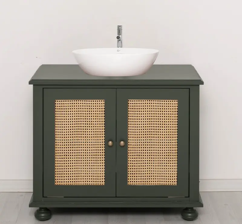 Kleiner Waschbeckenunterschrank aus Massivholz | Rattan Waschtisch für Aufsatzwaschbecken