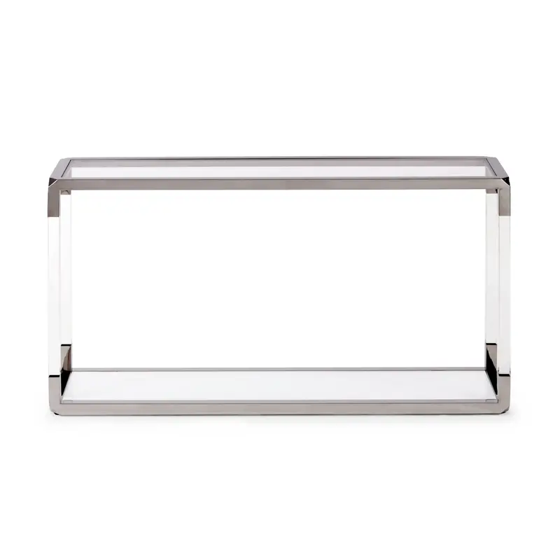 Konsolentisch – Klarglas Tischplatte, Acrylrahmen, Polierter Edelstahl, Weißglas Ablage – Jasper | Modus Furniture International