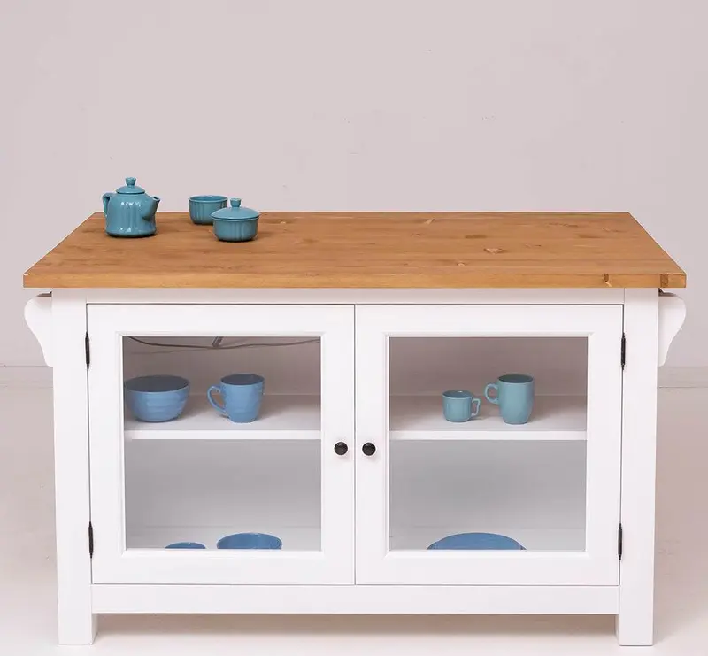 Kücheninsel aus Massivholz mit Glastüren und Theke - Esstisch