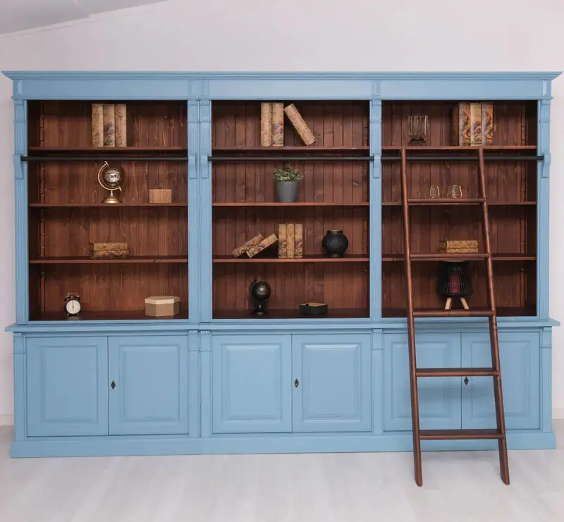 Landhaus Wohnwand aus Massivholz - Bibliotheksschrank - Bücherschrank mit Leiter